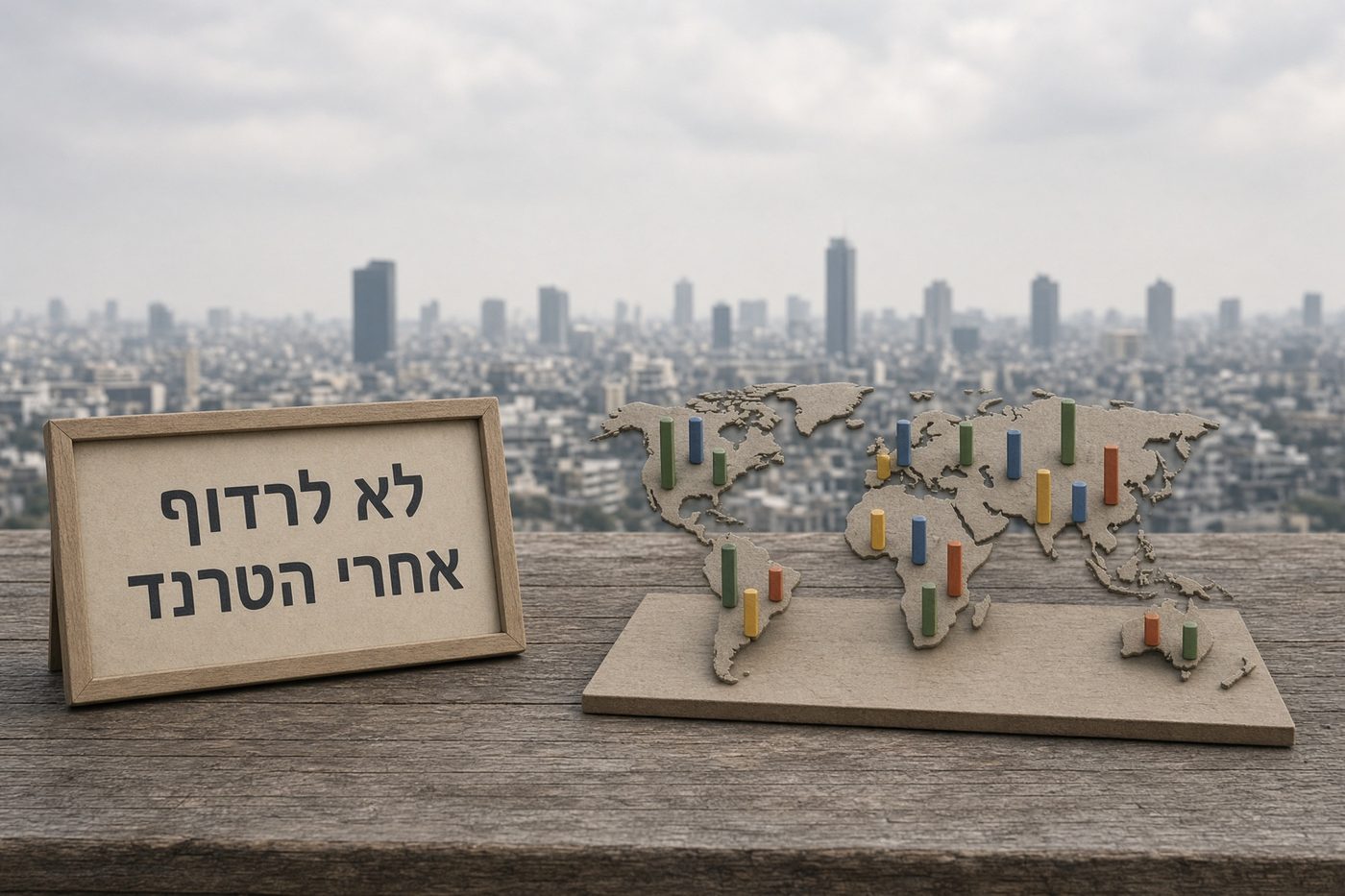 שלט ובו הכיתוב ״לא לרדוף אחרי הטרנד״ לצד מפת עולם עם עמודות נתונים