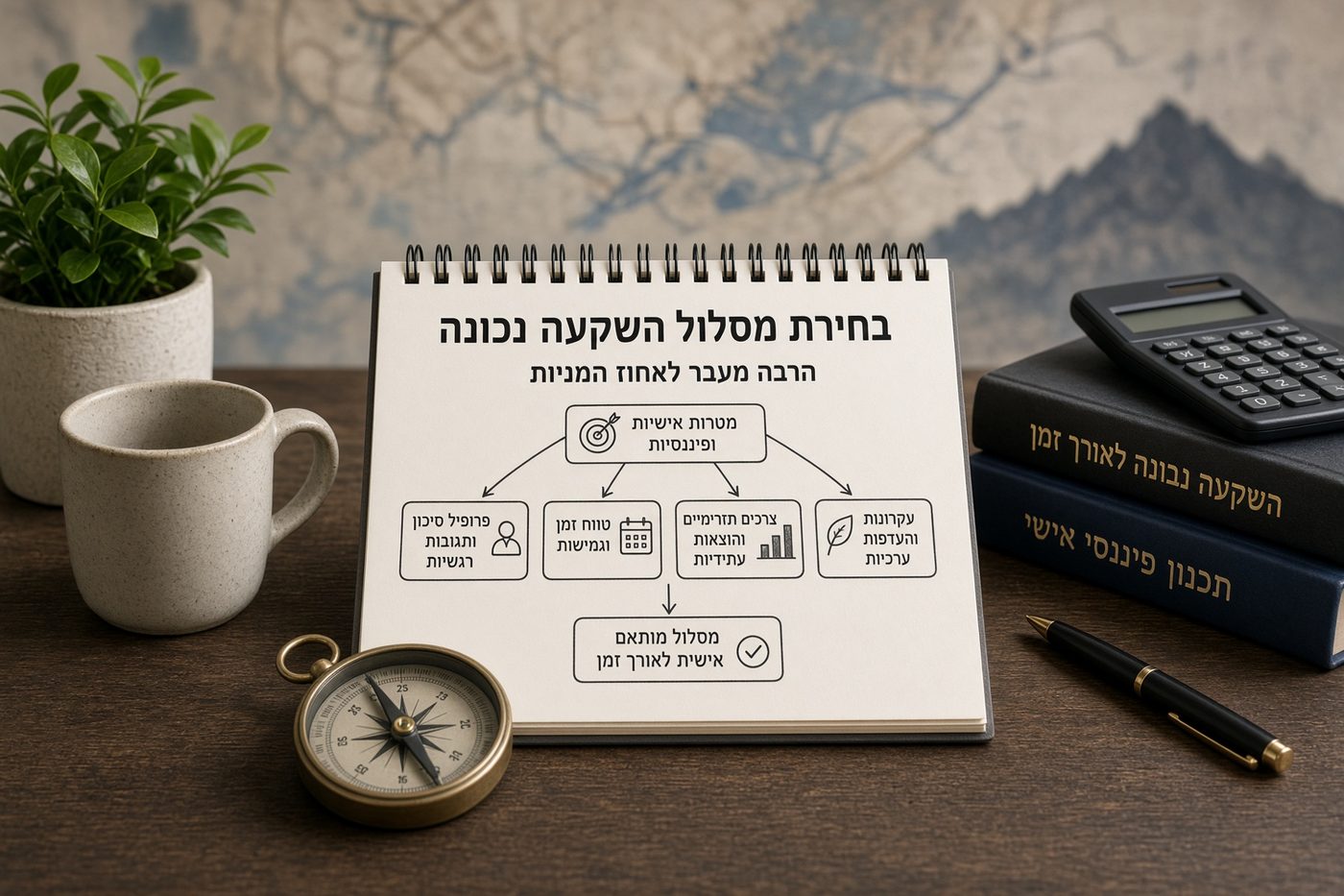 פנקס ובו תרשים זרימה של בחירת מסלול השקעה, לצד מצפן, מחשבון וספרים